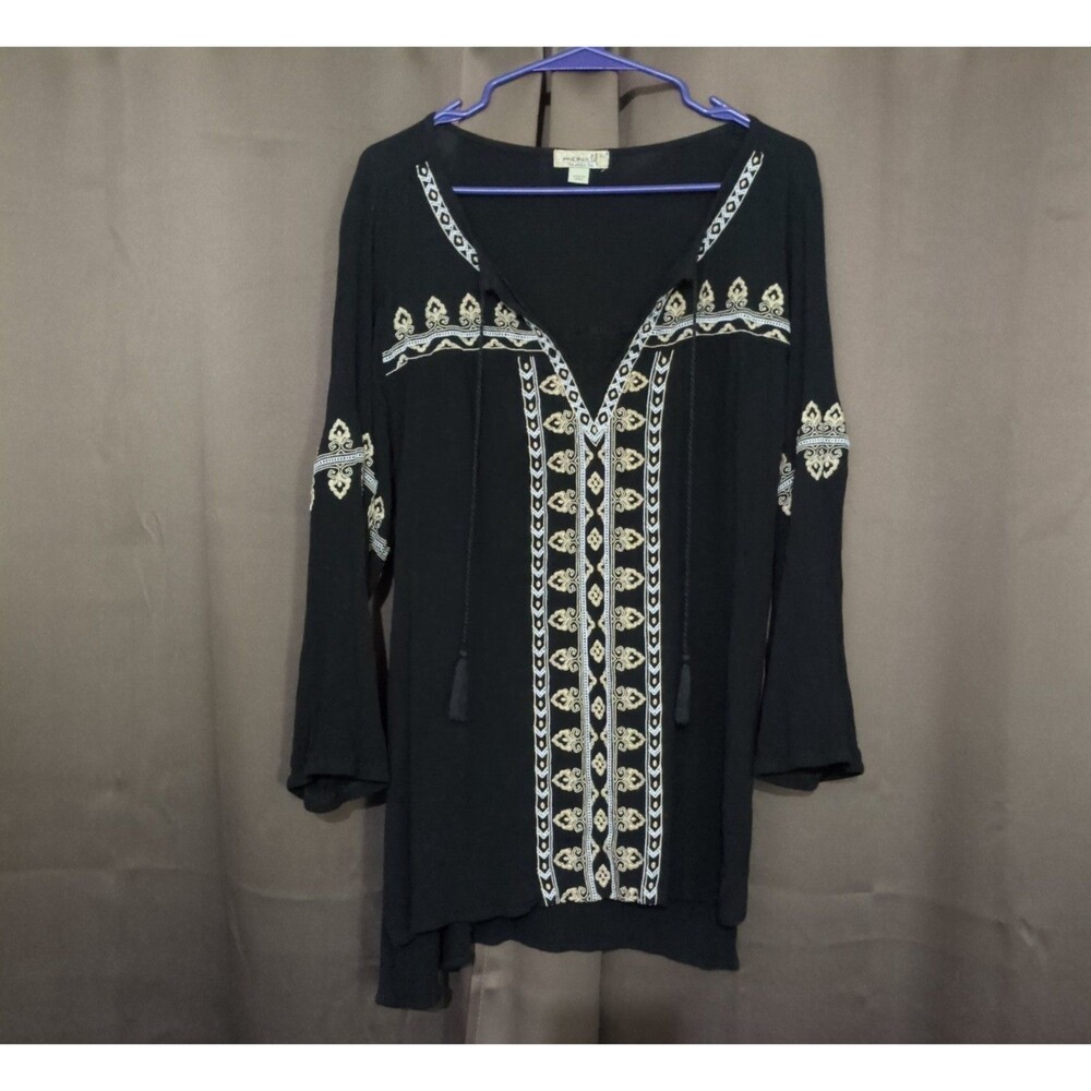One World Women's Boho Embroidered V-Neck Blouse Tunic Black XL Peasant